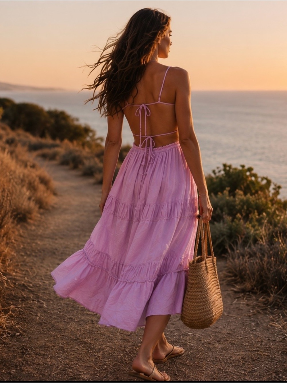 Intimately Free People Taking Sides Open Back Tiered Maxi Dress Pink Small